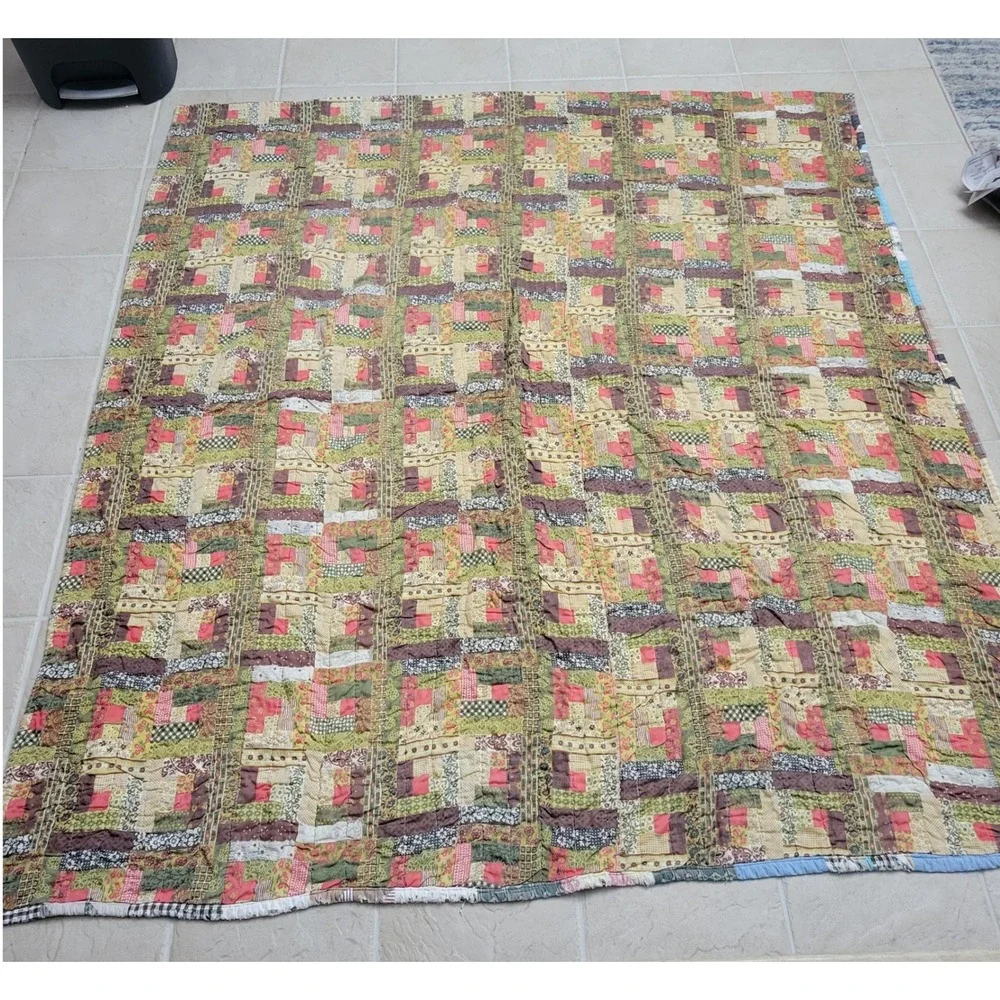 Vtg Handmade Patchwork Quilt Reversible 74x69 Farmhouse Throw Machine Stitch